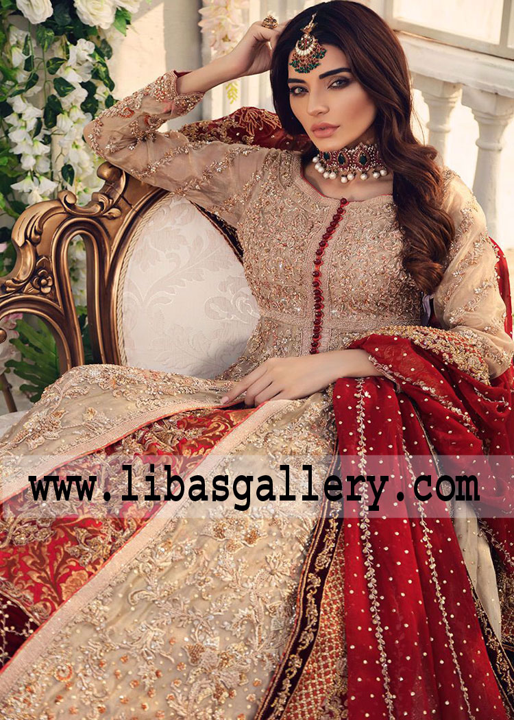 Ravishing Gold Gown embellished Jamawar Lehenga bridal wear Nigar