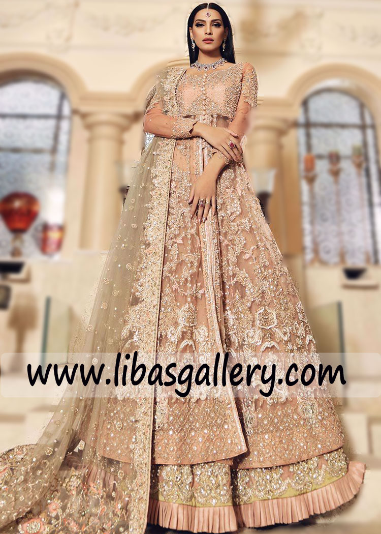 superior tea pink wedding embellished gown peach lehenga Sola Singhar