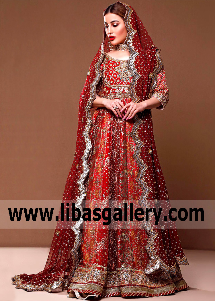Red Zenobia Pishwas Bridal Dress