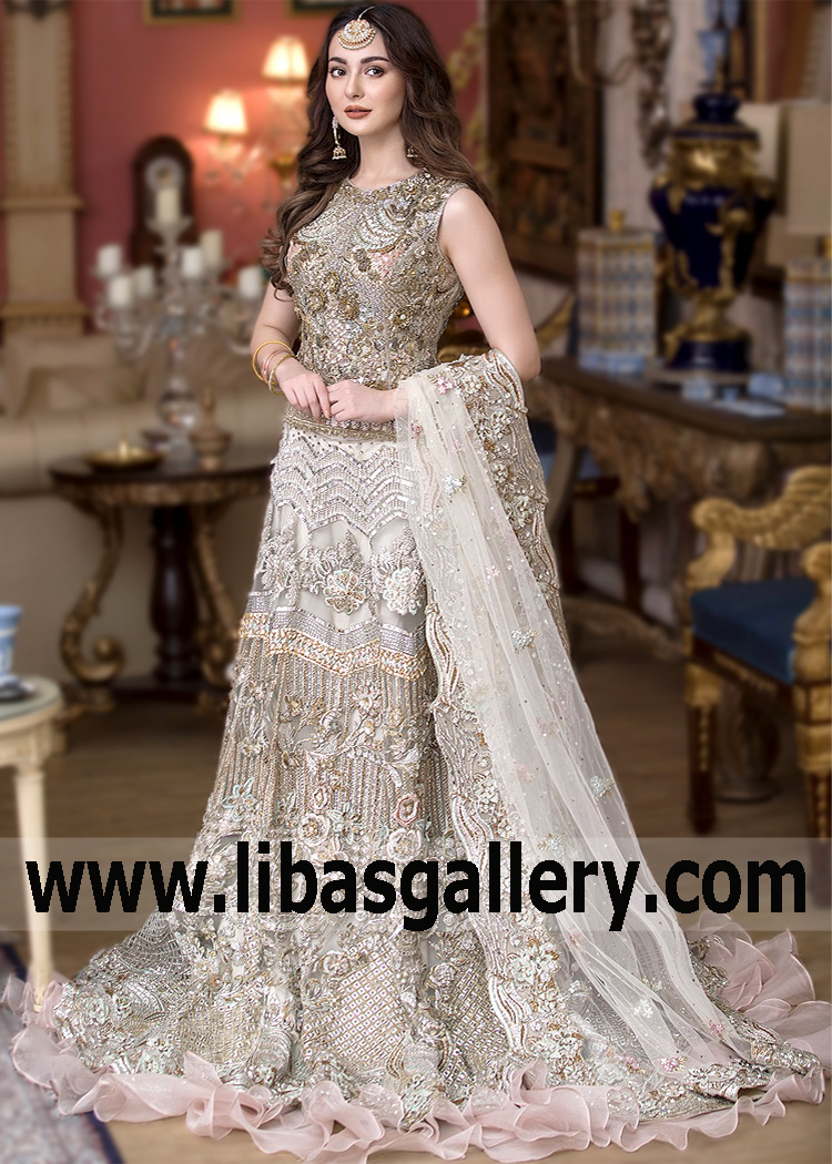 Grey Honeydew Crinum Bridal Lehenga