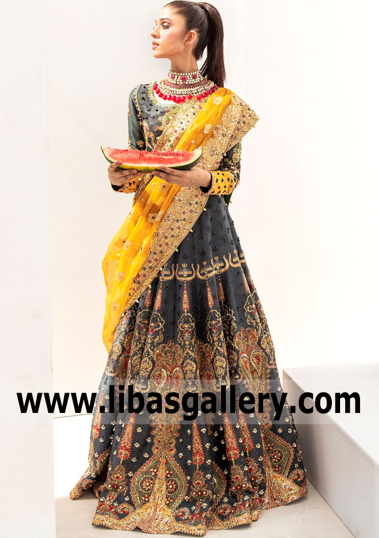 Charcoal Golden Fani Lehenga for Special Occasions