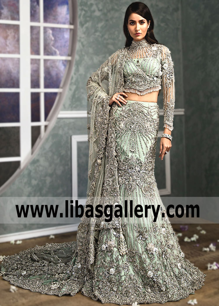 Buy Dark Blue Fish Cut Bridal Lehenga Set In Net With Attached Cape KALKI  Fashion India