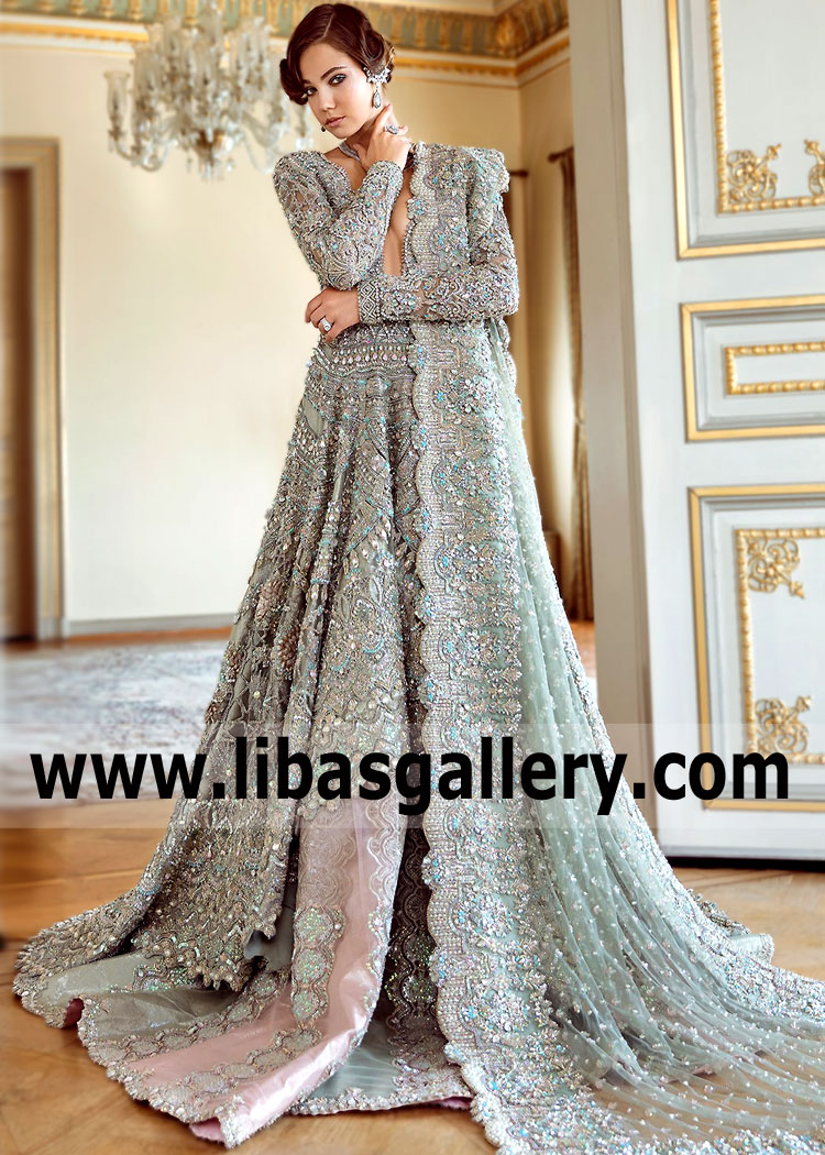 Light Cambridge Blue Dicentra Gown With Lehenga