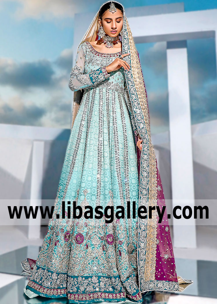 Powder Blue Purple Spirea Walima Anarkali Bridal
