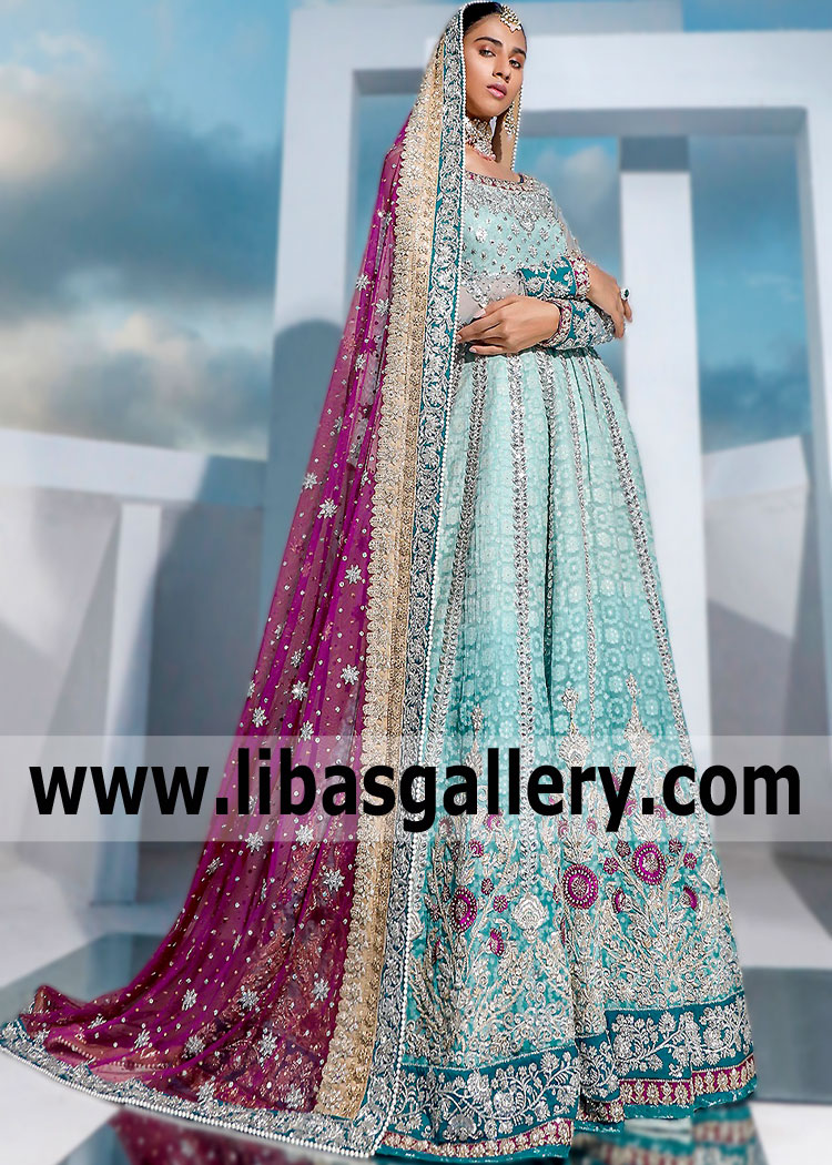 Powder Blue Purple Spirea Walima Anarkali Bridal