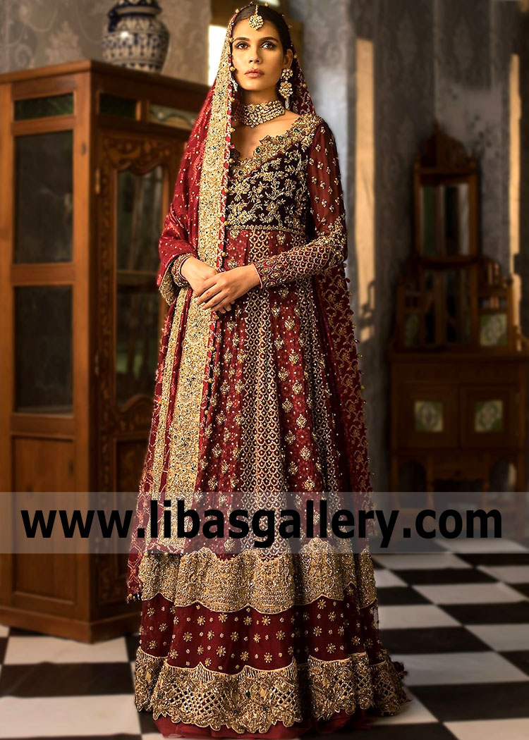 Best Traditional Maroon Bridal Pishwas Pakistani Designer Zainab ...