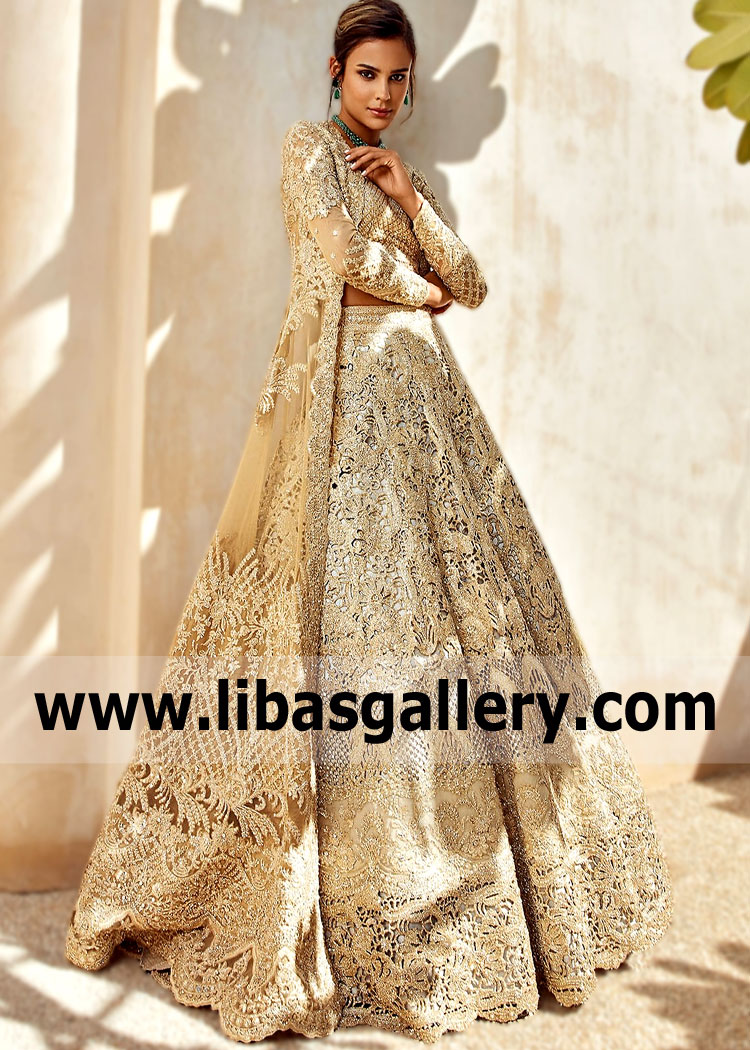 Light Gold Gladiolus Walima Bridal Lehenga