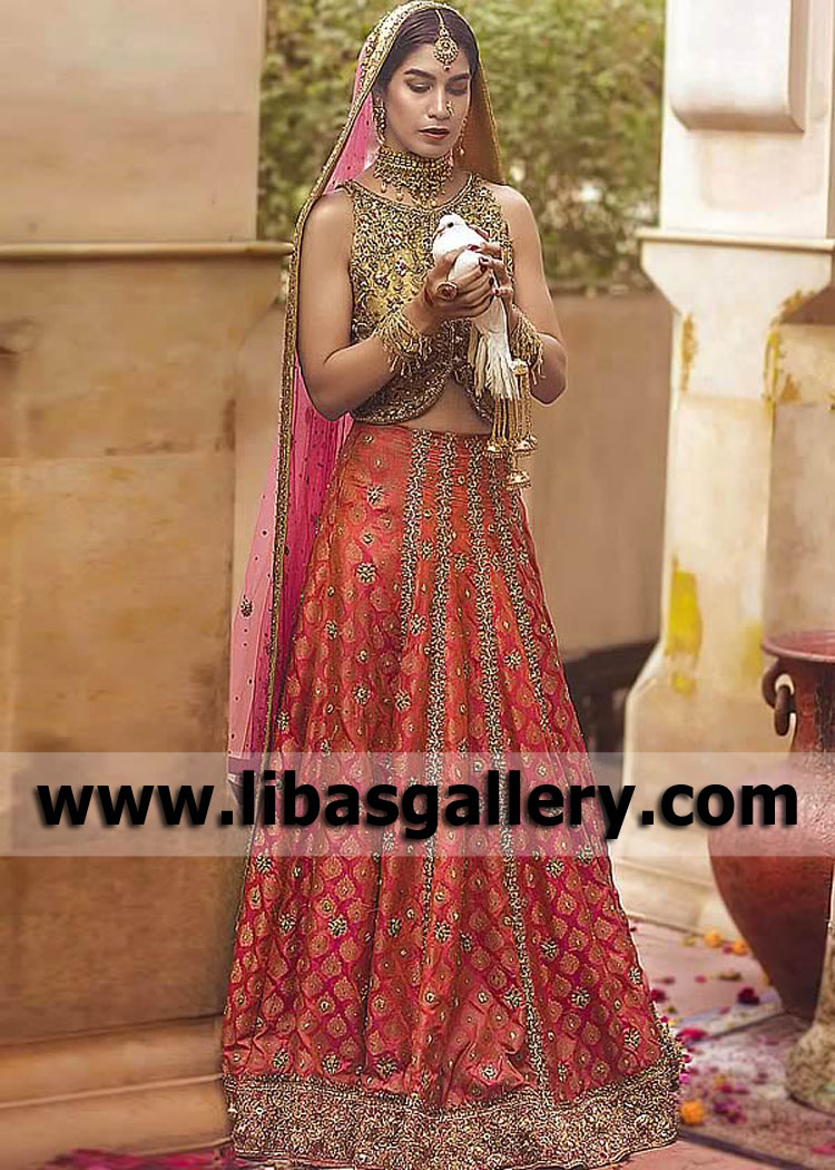 Red Buff Aster Wedding Lehenga Choli