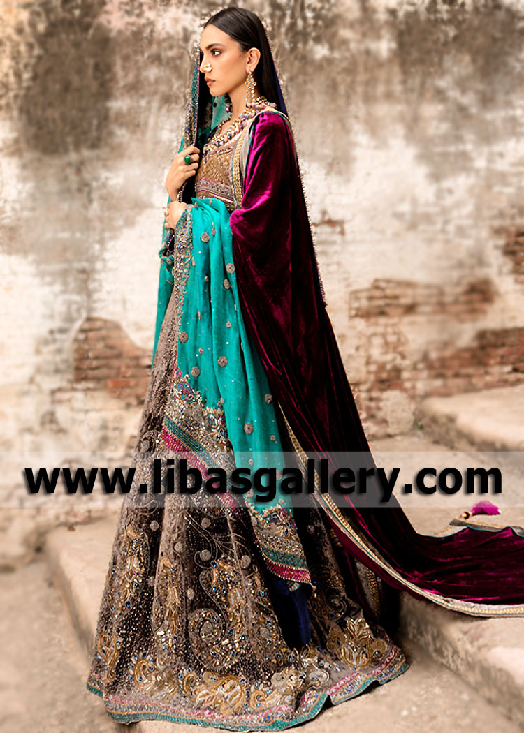 Cold grey and Warm Tiffany Blue Luxurious Bridal Lehenga
