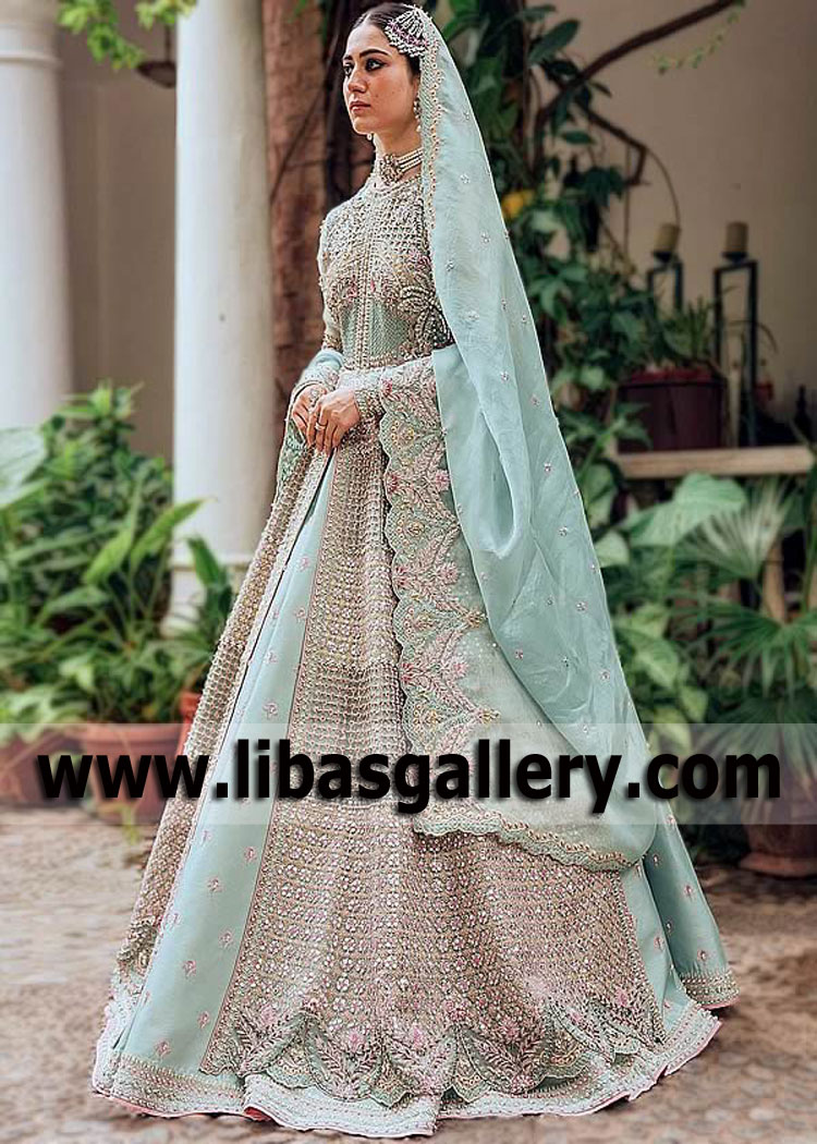 Pale Aqua Hyssop Bridal Pishwas Lehenga