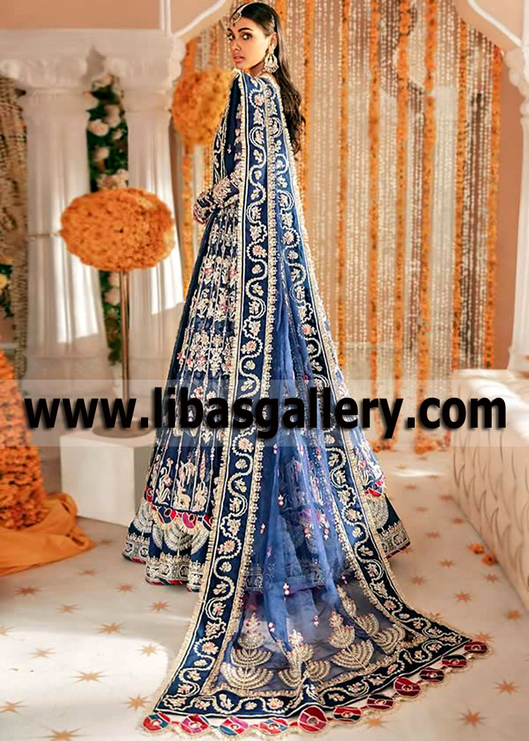 Glorious Oxford Blue Anarkali Bridal Dress with Lehenga and Heavy Dupatta