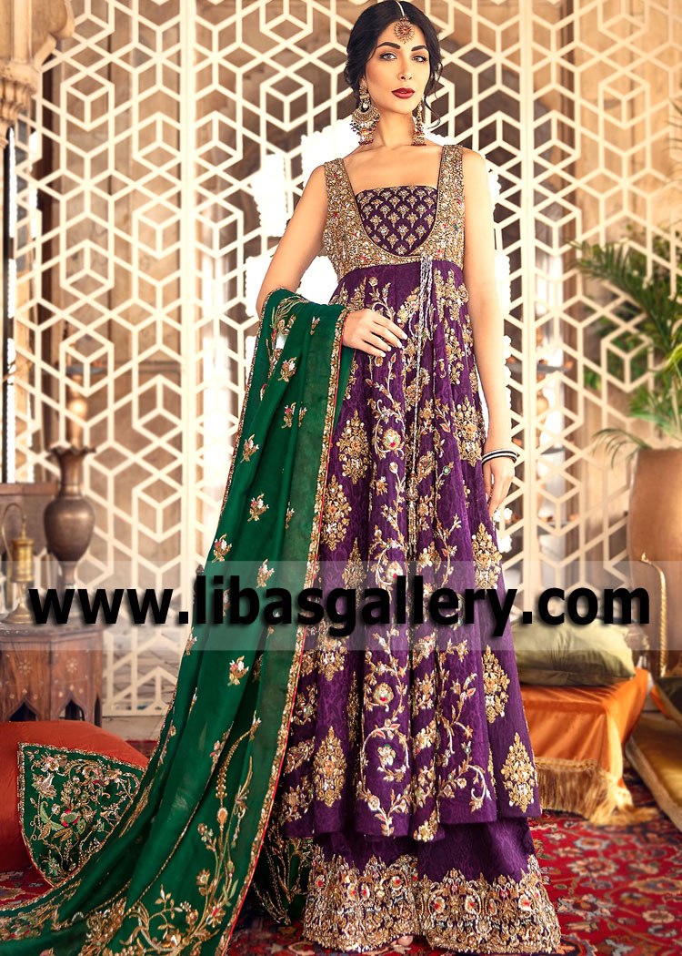 Purple Green Clover Wedding Angrakha Sharara