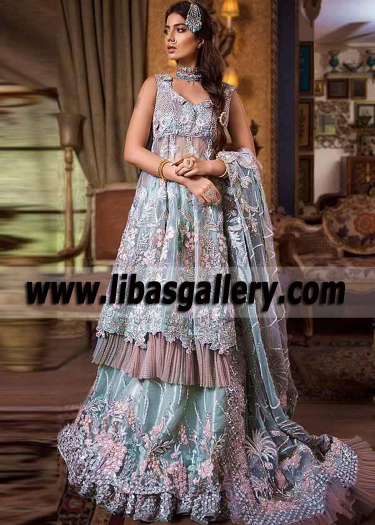 Pastel Blue Flamenca Anarkali Bridal Lehenga