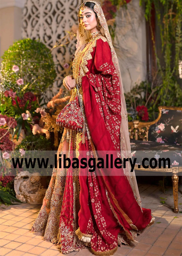 Coral Red Alcea Bridal Gown Lehenga
