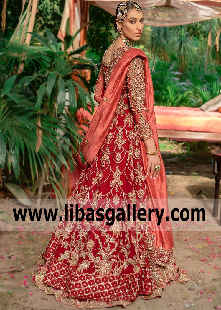 Brick Red Anemone Designer Bridal Lehenga