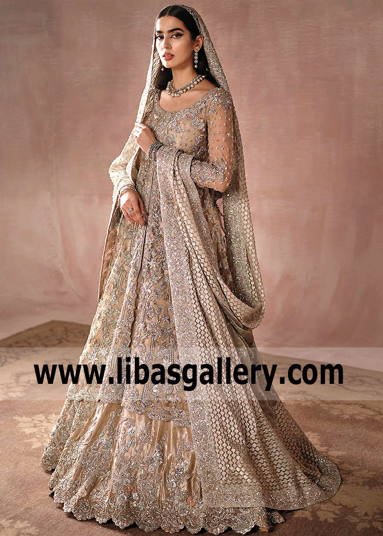 Champagne Gold Clover Bridal Anarkali for Walima