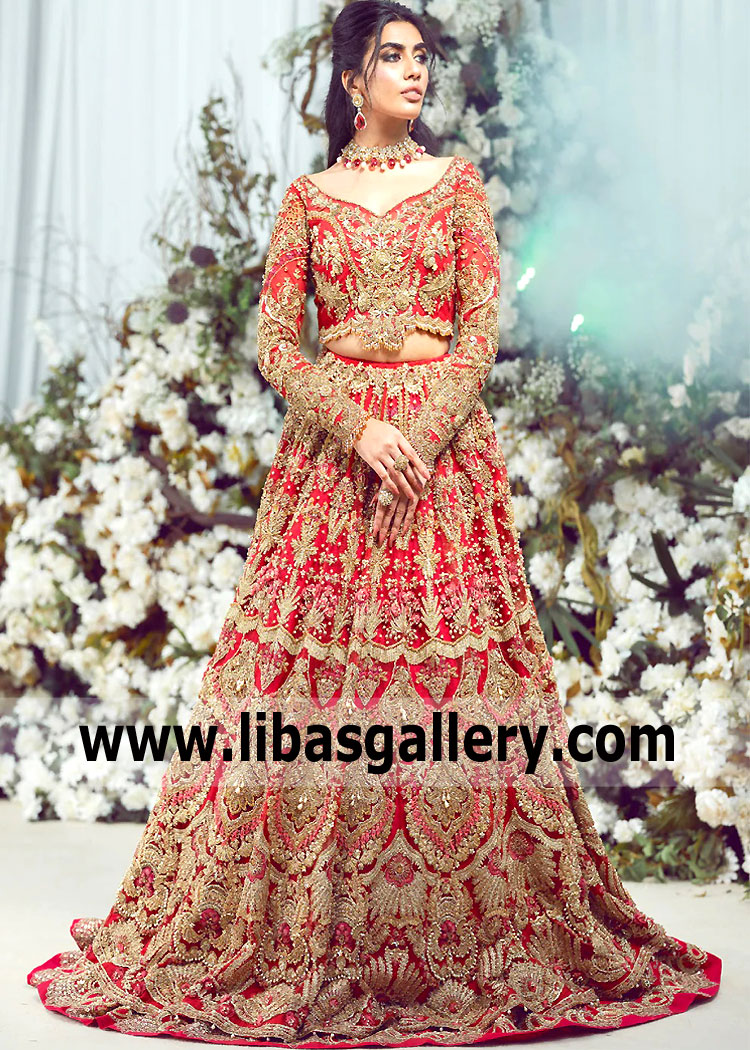 Pakistani Bridal Wear Lehenga Roslyn New York USA Red Bridal Lehengas Bright Red Lehenga Dresses