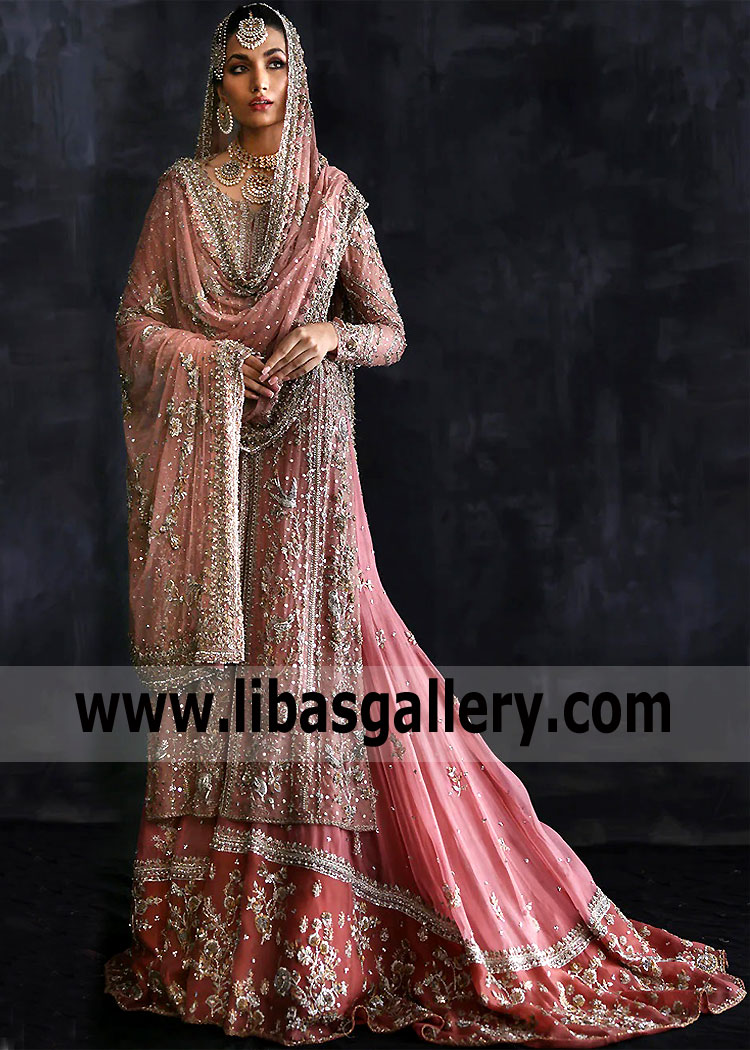 Coral Pink Orlaya Classic Voluminous Farshi Gharara