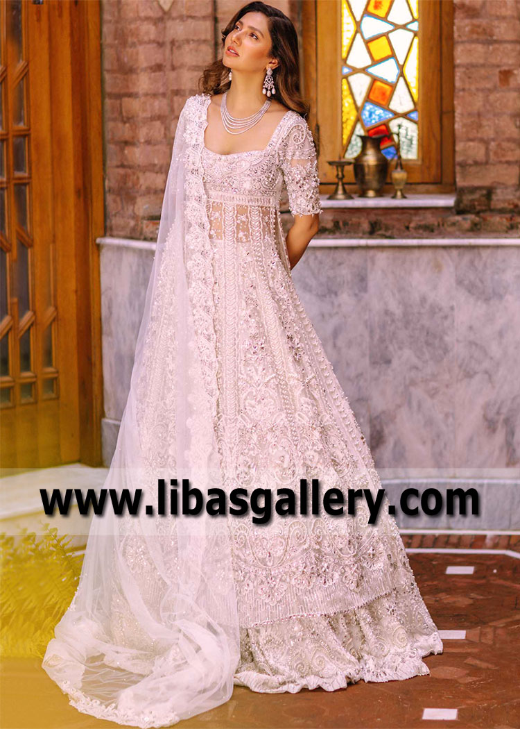 All White Bergenia Bridal Pishwas Dress