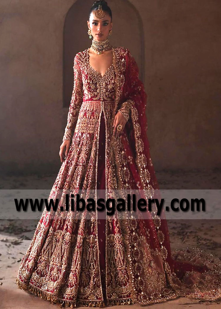 Carmine Red Fleur Pakistani Bridal Dresses