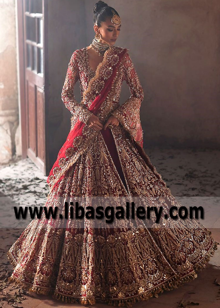 Carmine Red Fleur Pakistani Bridal Dresses