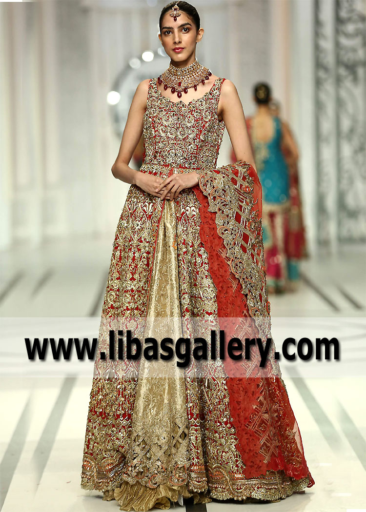 Brick Red Freesia Gown Brocade Lehenga