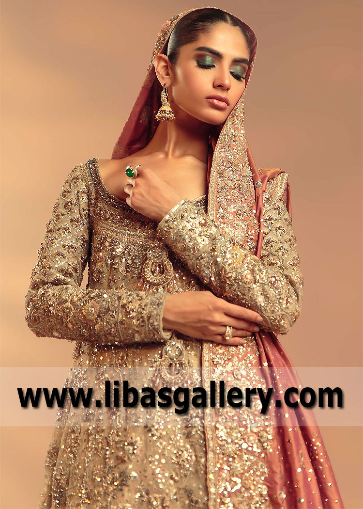 Coral pink Beige Bergenia Bridal Lehenga
