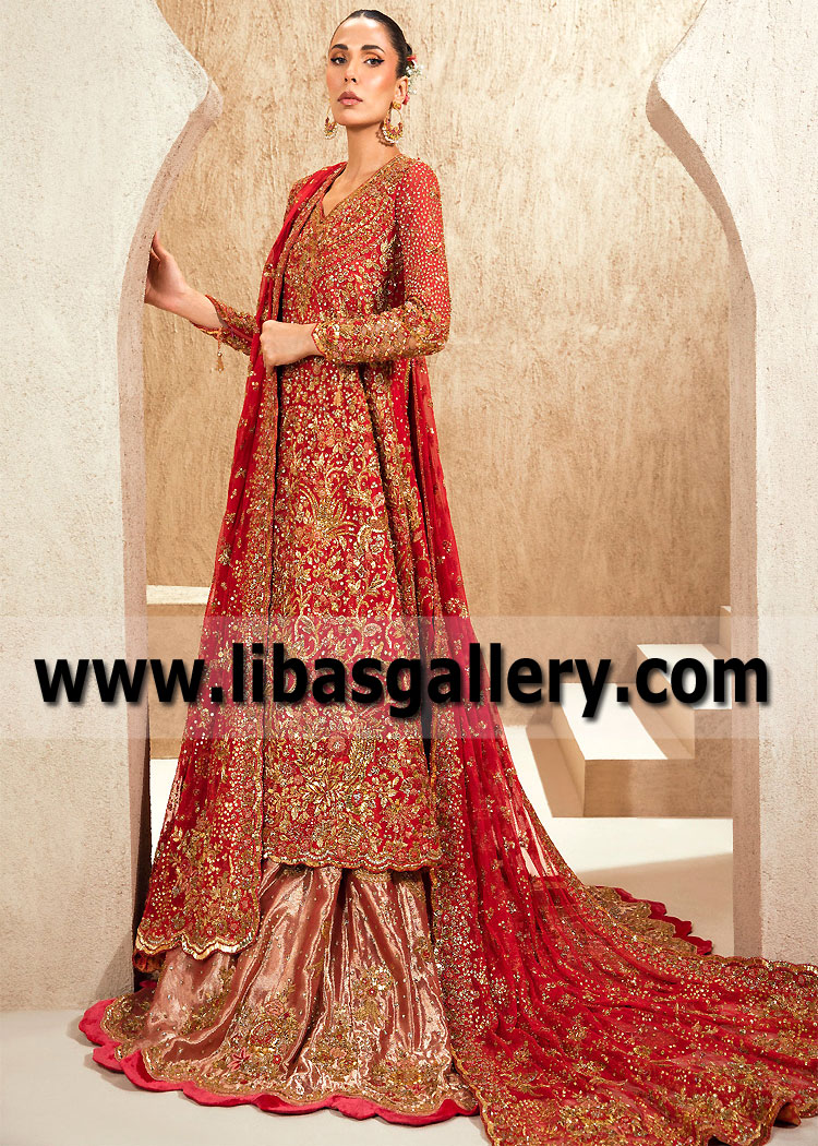 Traditional Embellished Pakistani Bridal Red Lehenga Dress Reigate England UK Tena Durrani Wedding Lehenga