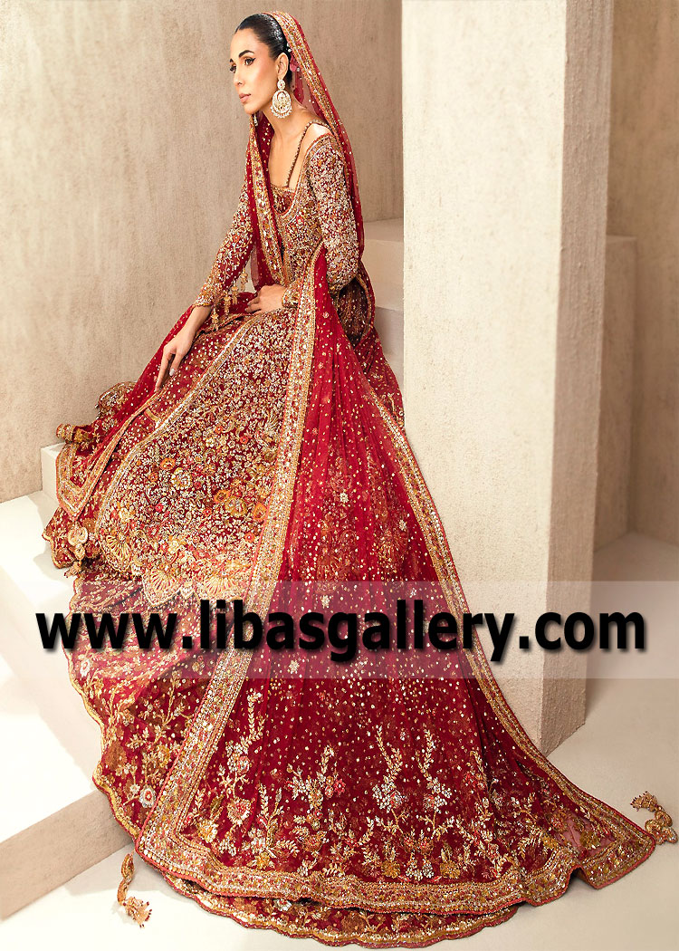 Vivid Auburn Wedelia Pishwas and Farshi Lehenga