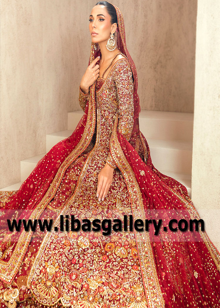 Vivid Auburn Wedelia Pishwas and Farshi Lehenga