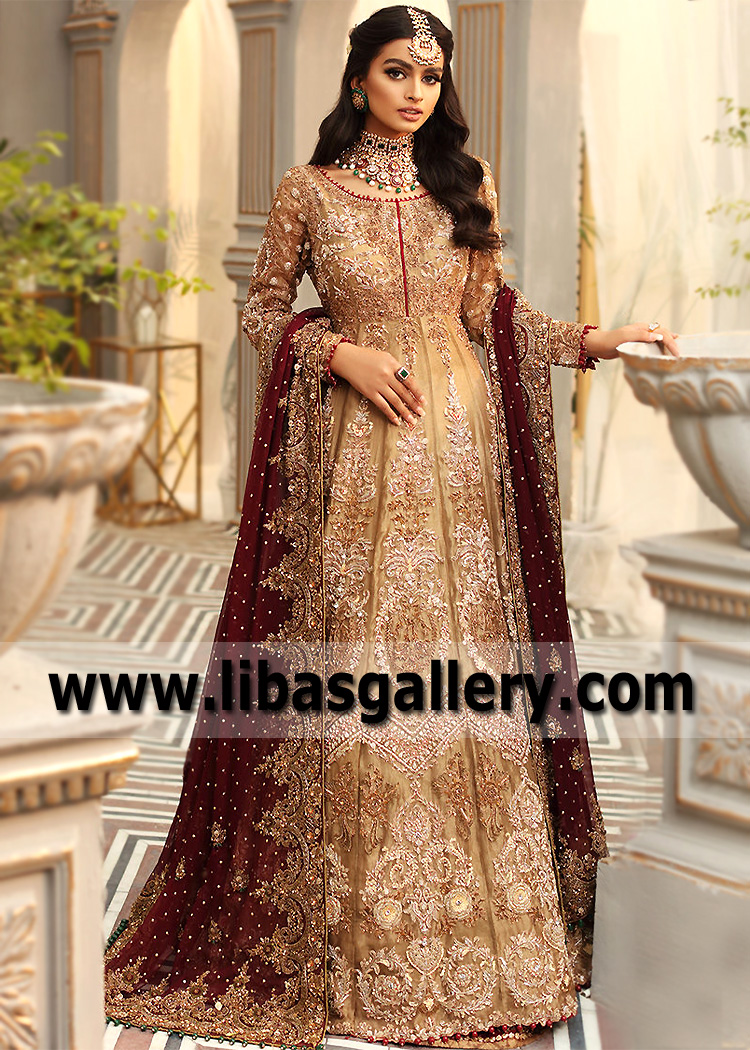 Antique Gold Long Gown Dress Aisha Imran Orlando Florida USA Latest Gown Anarkali Pishwas Designs