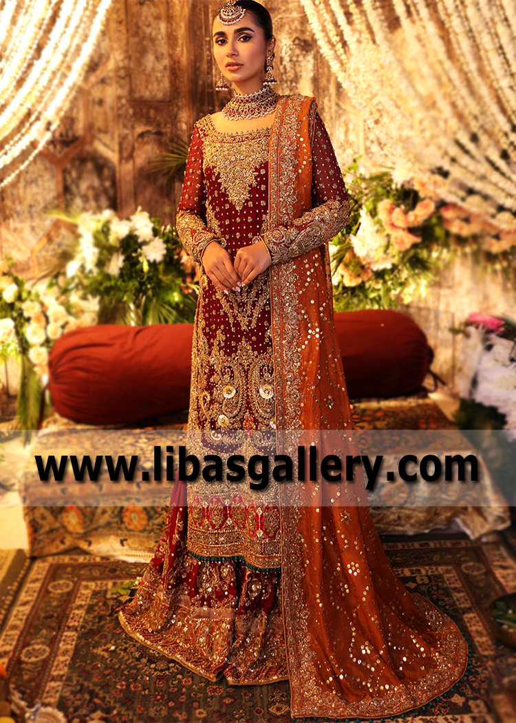 Red Gharara And Long Shirt For Wedding Carteret New Jersey USA Long Shirt Pakistani Bridal Wear Gharara