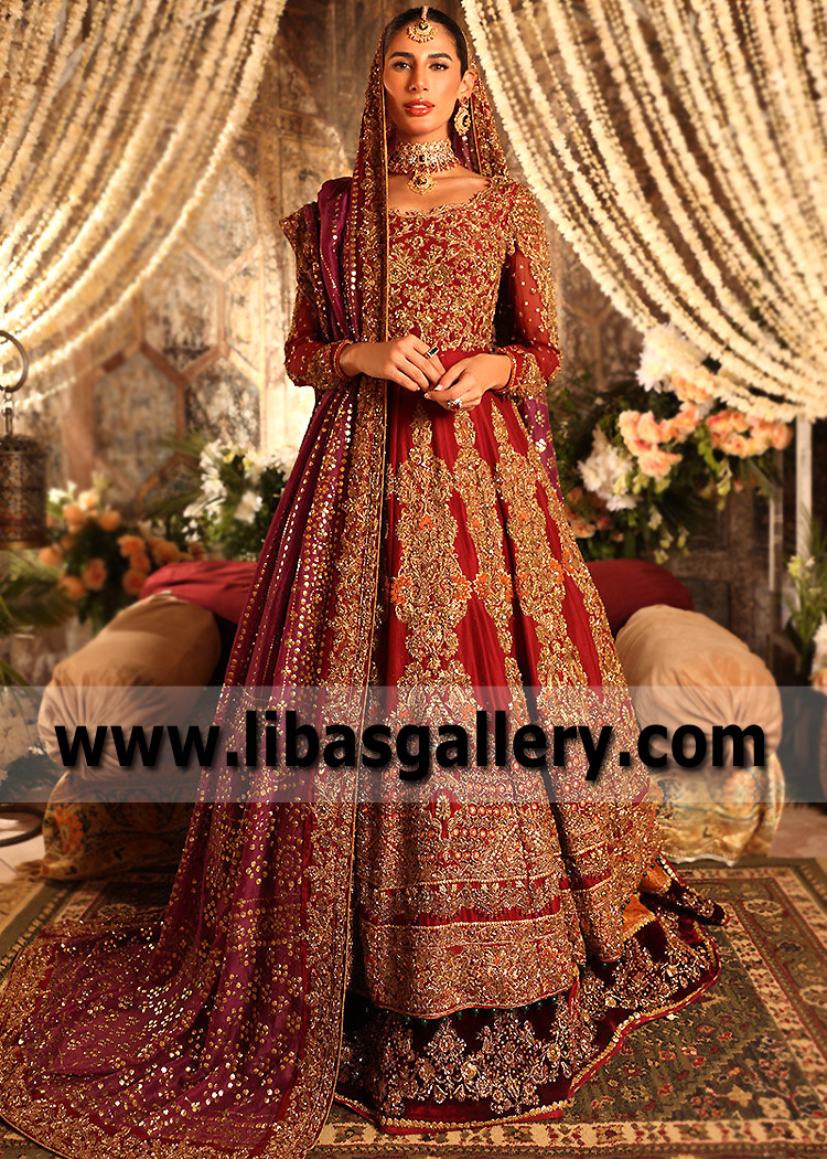 Auburn Red Pakistani Bridal Pishwas With Lehenga Minnesota MN USA Royal Pishwas Frock Style Red Bridal Dresses