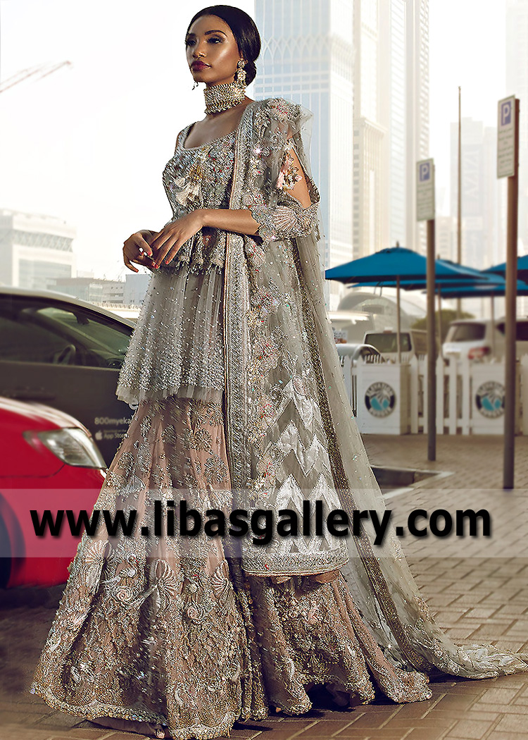 Desert Sand Whewellite Lehenga with Bone Net Peplum