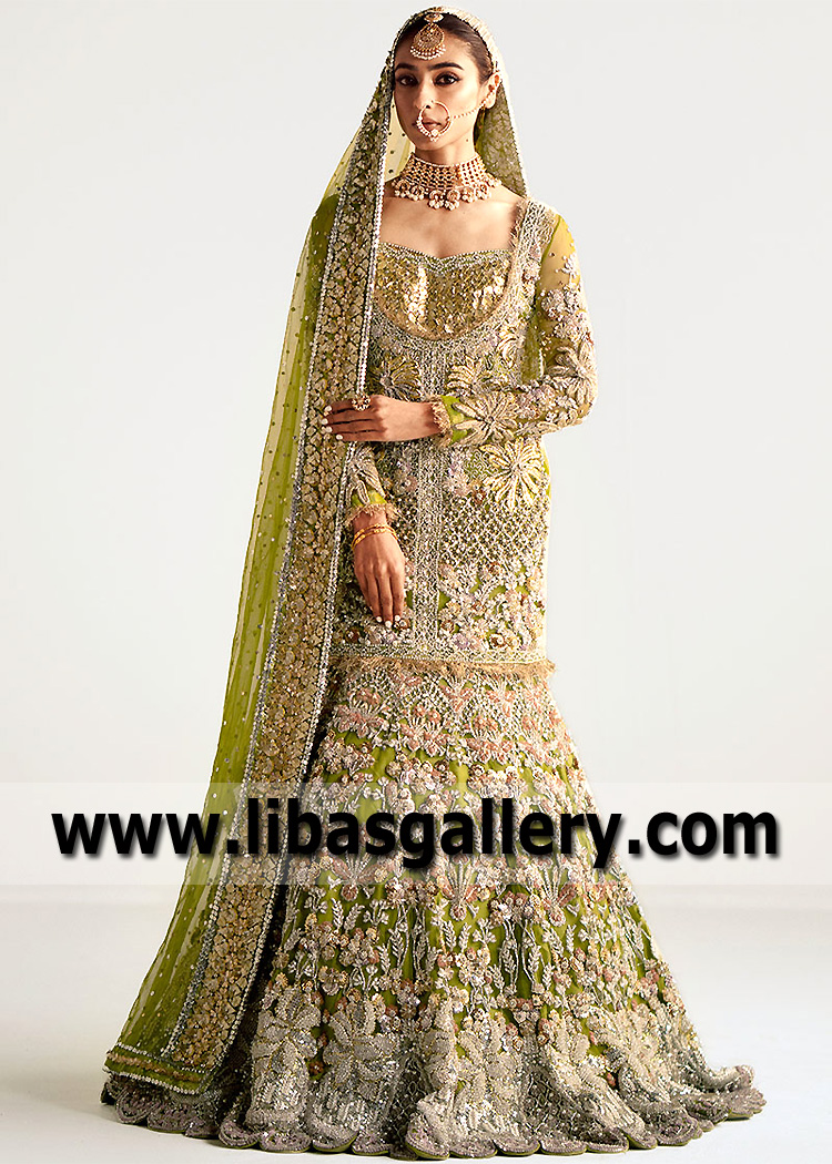 Olive Sinhalite Mermaid Lehenga with Embellished Shirt