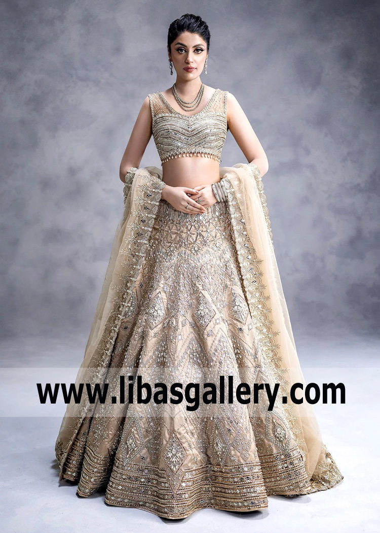 Romantic Princess Peach Champagne Bridal Lehenga Choli Elmont New York NY US Asian Wedding Lehenga Choli for Reception