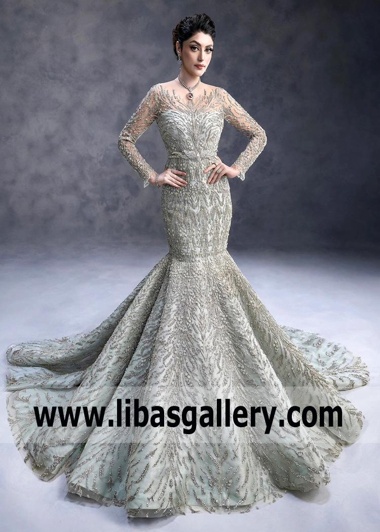 Bright Aqua Ice Nude Laurel Mermaid Gown