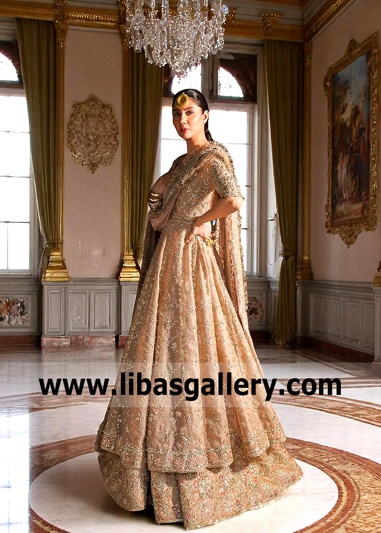 Champagne Pink Monadra Pishwas and Lehenga