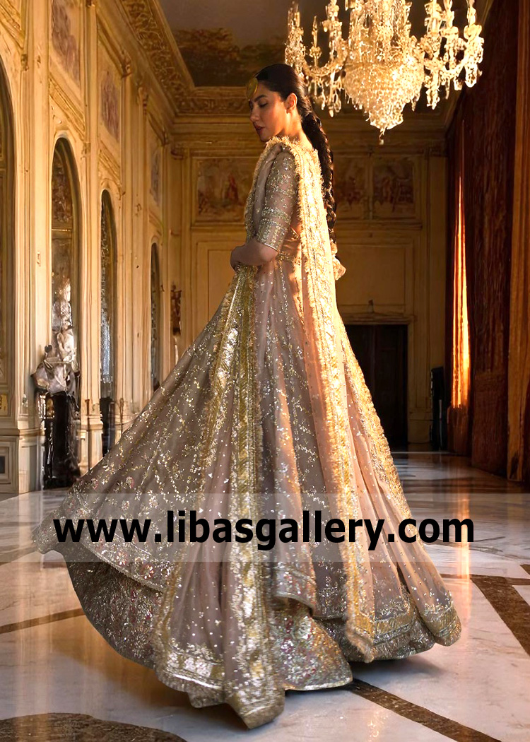 Champagne Pink Monadra Pishwas and Lehenga