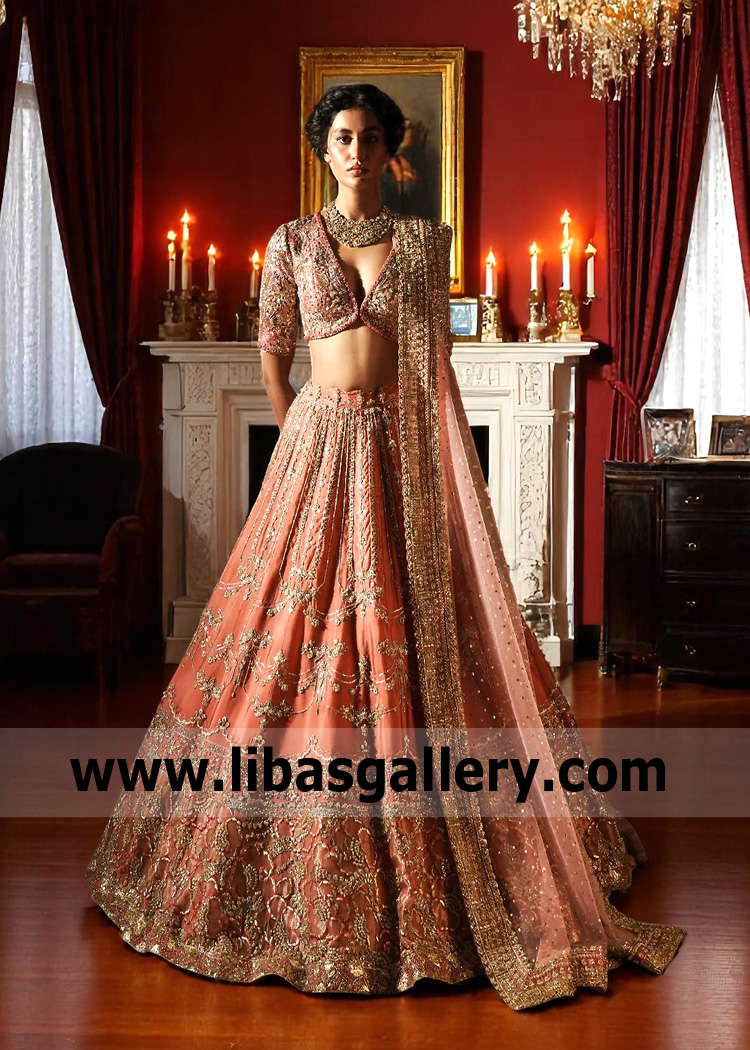 Coral Pink Bloom Bridal Lehenga Choli