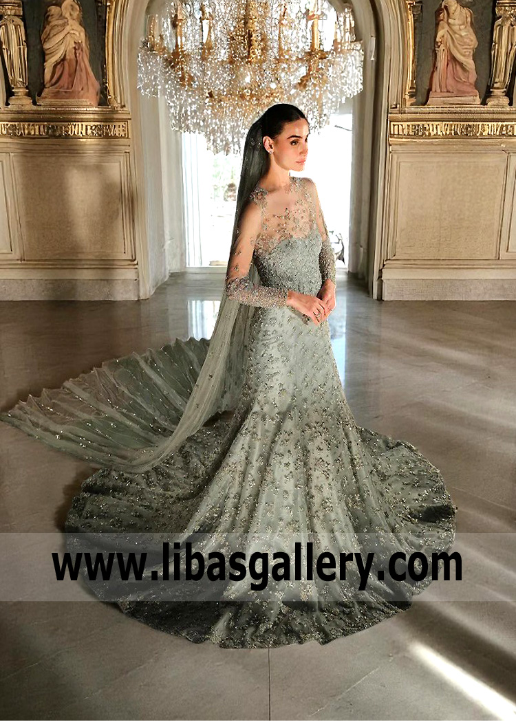 Ash Gray Carnation Gown with Long Veil