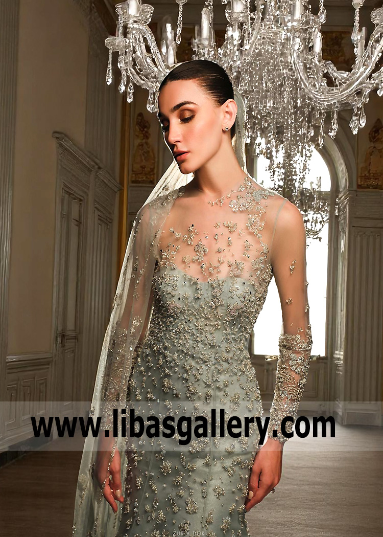 Ash Gray Carnation Gown with Long Veil