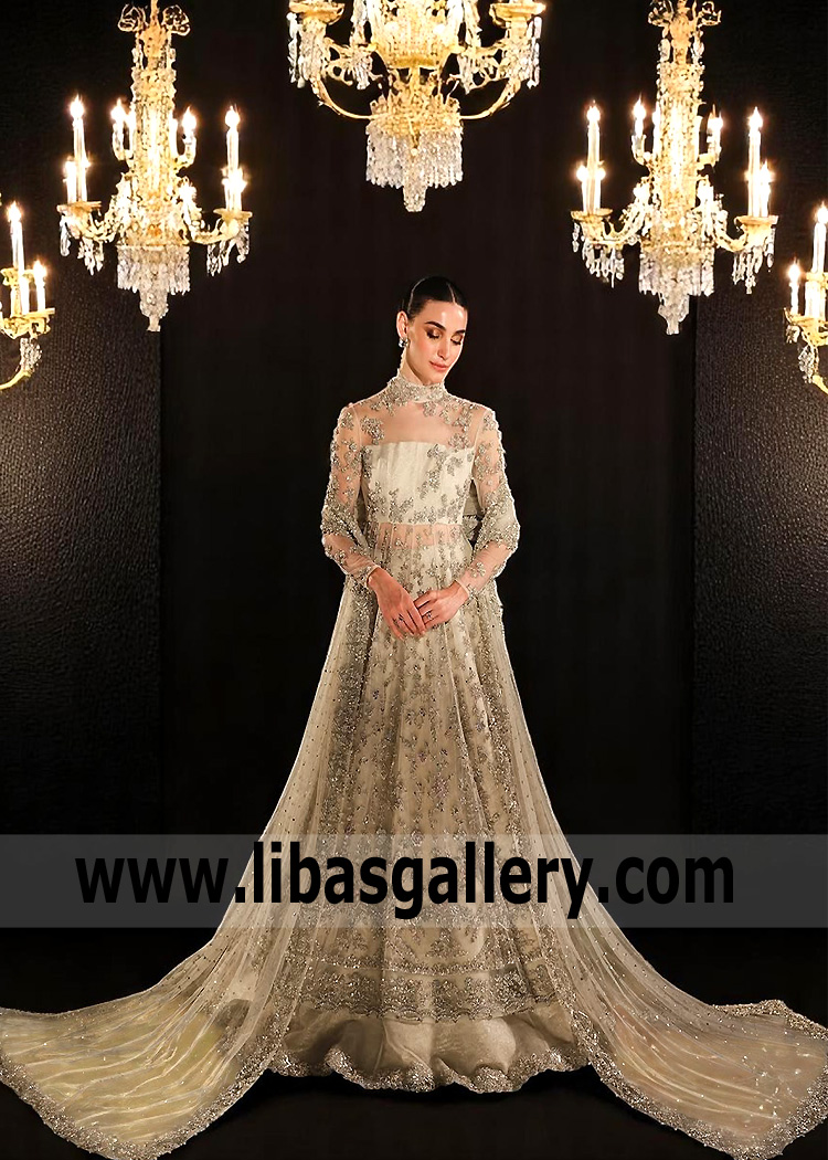 Crystal White Flora Bridal Pishwas with Lehenga