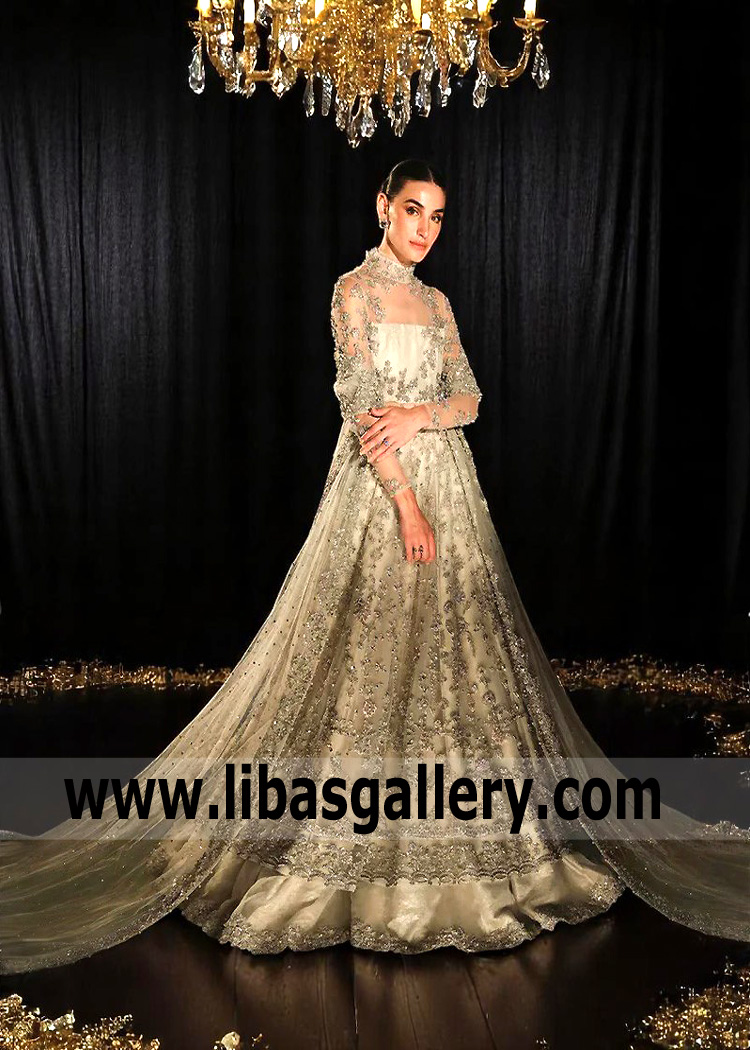 Crystal White Flora Bridal Pishwas with Lehenga