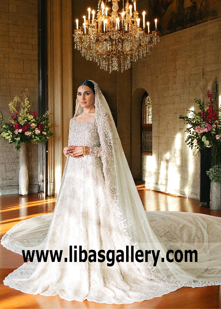Pakistani Designer Gown with Long Veil USA Baltimore Maryland Off White Gown with Long Veil Pakistan