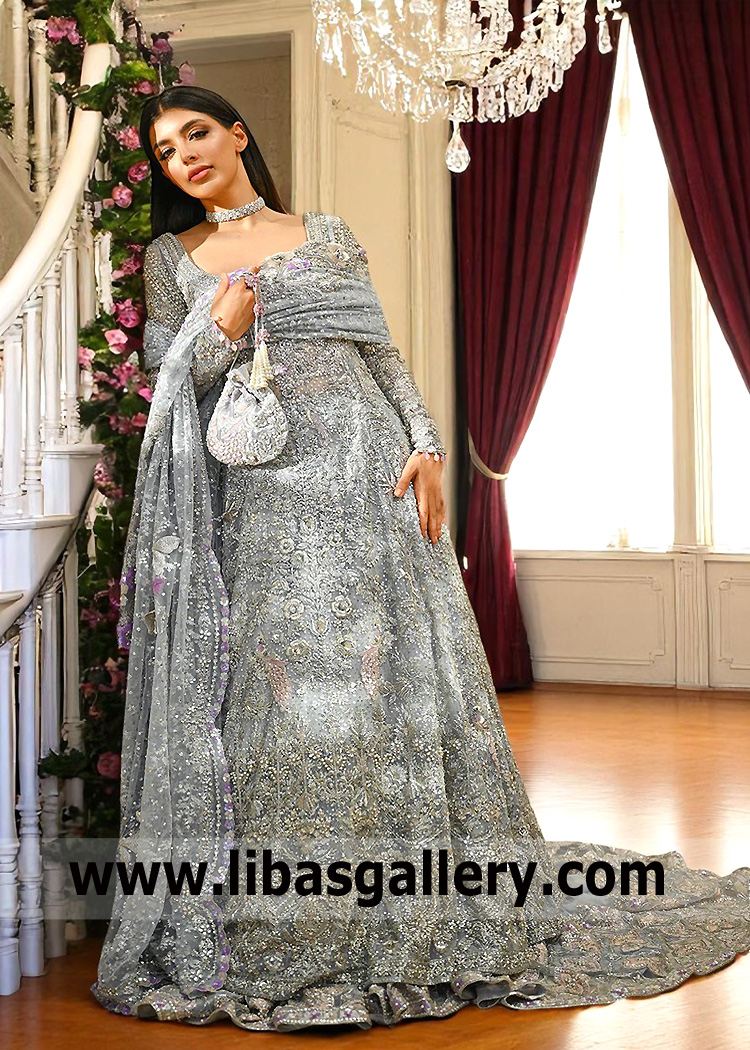 Pakistani Bridal Pishwas for Walima Lehenga with Long Train Dammam Saudi Arabia Multi Layered Bridal Lehenga