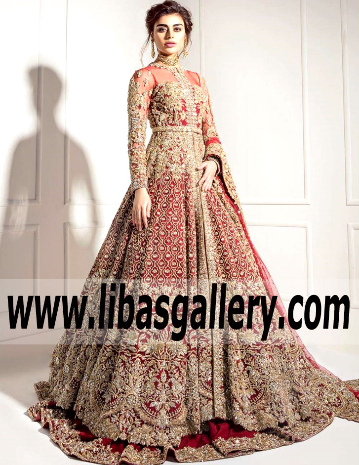 Heavy Embellished Red Carnation Bridal Gown with Lehenga
