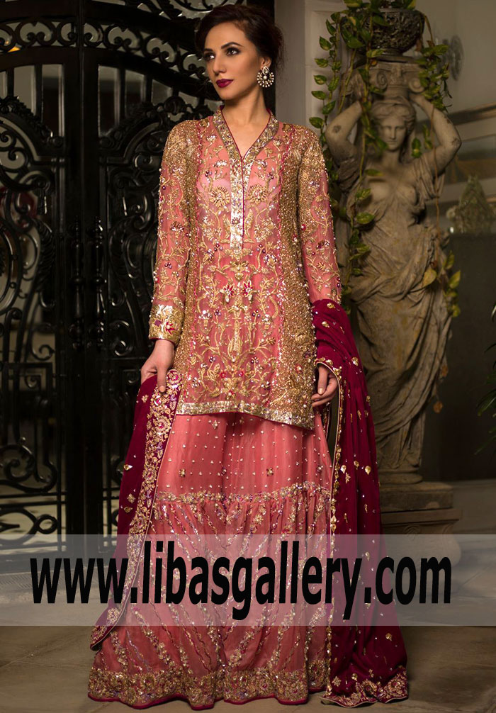 Chic Blush Aster Wedding Gharara Dress for Brides