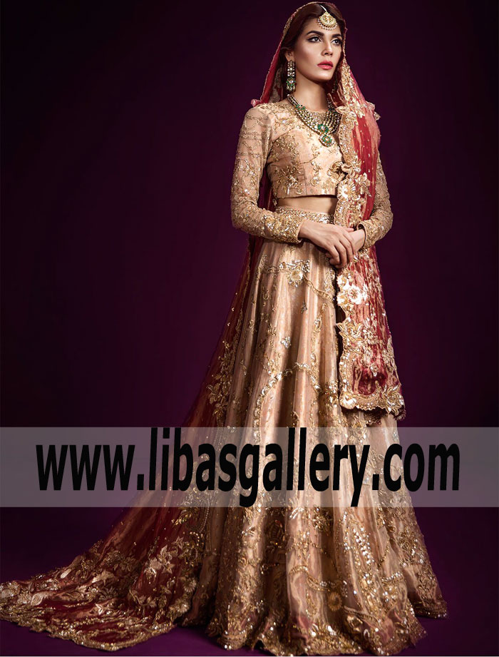 Miraculous Metallic Gold Aquilegia Wedding Lehenga for Wedding