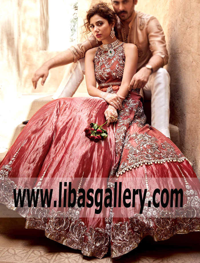 Sparkling Blushing Rose Wedding Dress with Wedding Lehenga